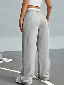 Pantalones anchos de mujer con pliegues y rayas, con cintura de bloques de color para otoño/invierno - Gris 2 - Ver 2