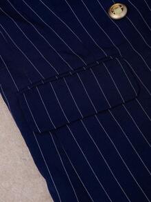 Conjunto de traje a rayas, chaqueta de traje casual de doble botonadura y pantalones de corte slim, estilo versátil adecuado para diversas ocasiones, negocios y vacaciones en primavera blanca - Azul marino - Ver 5