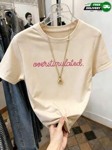 Camiseta de manga corta para mujer con texto estampado, cuello redondo, de poliéster, apta para uso diario, salidas casuales, fin de semana y actividades informales, estilo casual minimalista, ideal para primavera y verano, envío gratis en México. - Albaricoque - Ver 1