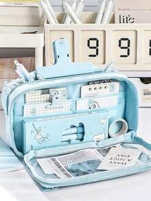 1pc Transparent Fabric Solid Color Button Pencil Case, Extra Large Capacity Multi-Layer Stationery Storage Box, Multifunctional Desktop Pencil Box. Can Store Calculator, Notebook And Pens - Suitable For School, Office And Travel - Suitable For Students, Professionals, Male And Female, School Stationery Storage Box, Multifunctional Storage Box, Secure Zipper Closure, Pencil Case - Multicolor - View 6