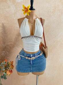 Top sin espalda con cuello halter y textura vintage para mujer, verano - Blanco - Ver 4