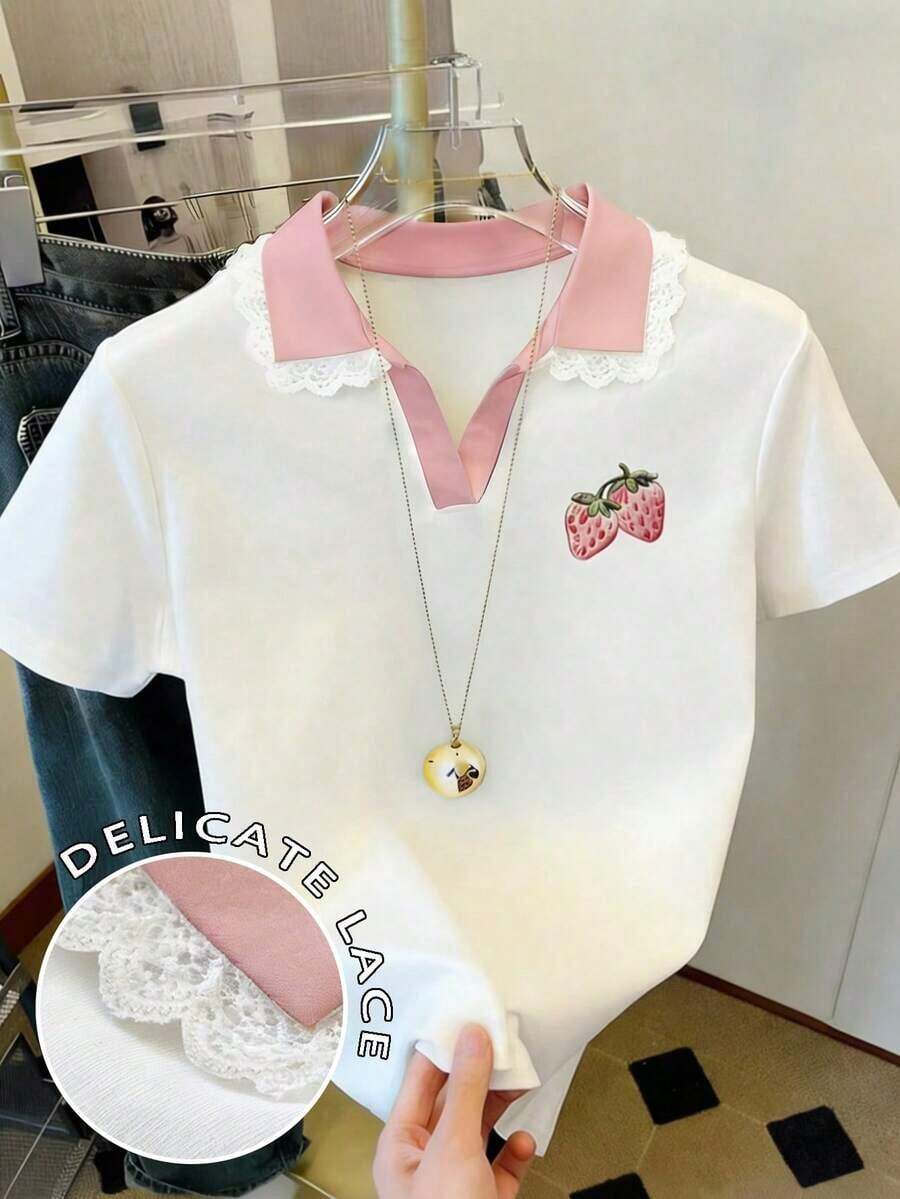 Camiseta de manga corta ajustada para mujer con estampado de todo el cuello - Blanco - Ver 1