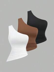 Conjunto de blusa con cuello asimétrico, un solo hombro y decoración de hebilla metálica, adecuado para vacaciones en la playa - Multicolor 3 - Ver 3