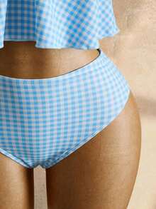 Mod Conjunto de traje de baño de 2 piezas para mujer con top corta de tirantes finos con estampado de cuadros y nudo delantero, y Bottom tipo bikini con cordón en la cintura, para verano - Azul - Ver 5