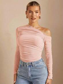 Camiseta de manga larga con cuello asimétrico plisado, ajustada, en color liso, para mujer, para primavera/otoño - Rosa - Ver 6