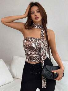 Top de bandeau fruncida con estampado de leopardo y bufanda - Marrón - Ver 6