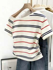 Camiseta casual de mujer con cuello redondo, manga corta, a rayas y plisada - Blanco 4 - Ver 2