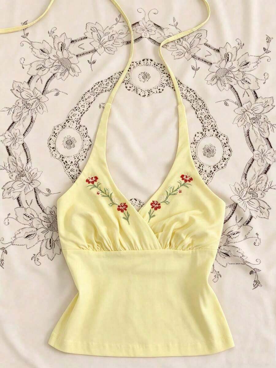 Camiseta de mujer de unicolor con cuello de halter plisado y lazo, versátil para vacaciones y citas - Amarillo claro - Ver 1