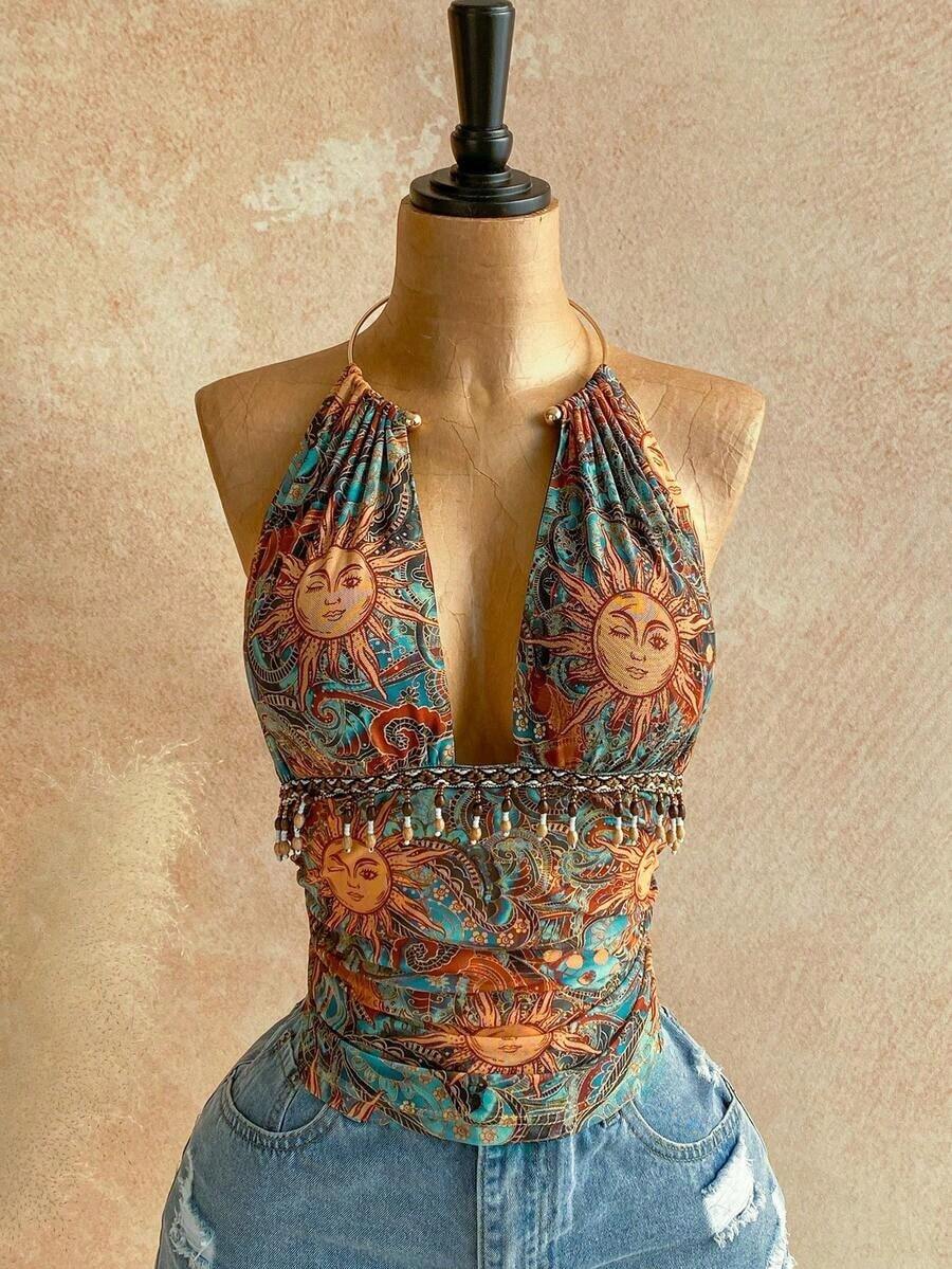 Top sin espalda con cuello halter y textura vintage para mujer, verano - Multicolor - Ver 1