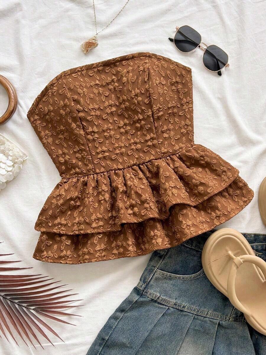 Top tubo sin espalda con lazo de jacquard de ganso casual de vacaciones para damas - Café integral - Ver 1