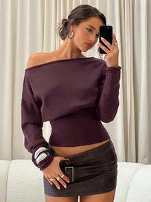 Suéter morado de manga larga, cuello asimétrico y hombros descubiertos, de punto ajustado para mujer, para otoño/invierno - Morado - Ver 1