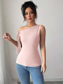 Camiseta ajustada elegante con cuello asimétrico y nudo de mujer de unicolor - Rosa vieja - Ver 4
