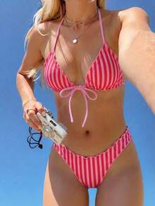 Conjunto de bikini de dos piezas con estampado de lunares, camiseta con lazo sexy y traje de baño para vacaciones en la playa para mujer - Rosa 2 - Ver 3
