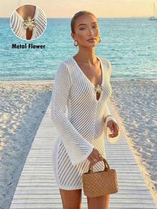 Vestido de manga larga de punto para mujer, estilo de vacaciones en la playa - blanquecino 2 - Ver 4