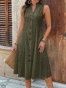 Vestido de mujer de manga corta con cuello redondo y estampado geométrico de verano - Verde militar - Ver 9