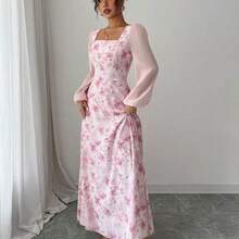 Women's Printed Square Neck Long Sleeve Elegant Summer Dress - Morado - Ver 4