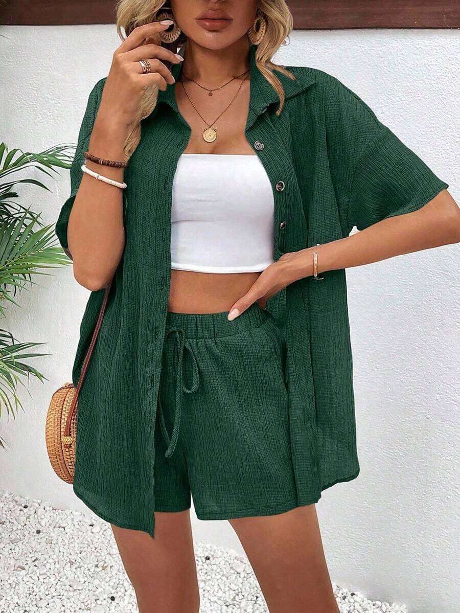 Conjunto de 2 piezas con blusa de manga corta de cuello de botones y shorts con lazo delantero, sencillo, para mujer - Verde Oliva - Ver 1