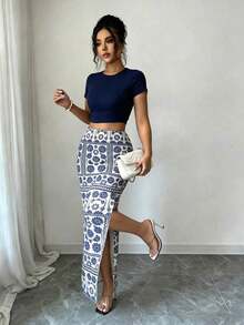 Falda ajustada de malla con estampado de leopardo para mujer, ropa de otoño - Azul 2 - Ver 1