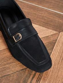 女款低跟麂皮樂福鞋，柔軟黑色，春秋款，英倫復古風，圓頭，一腳蹬，平底鞋，制服鞋，日常通勤 - 黑色 - 查看 3