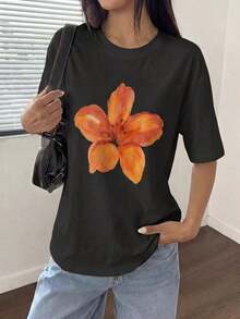 Mexican Basic 2026 Camiseta Casual de Manga Corta con Cuello Redondo para Mujer con Hermoso Estampado Floral Naranja para el Verano, Nuevo Lanzamiento - Negro - Ver 3