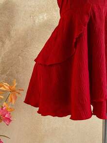 Nuevo vestido mini elegante bohemio tropical con textura, volantes y lazo en la espalda, apropiado para vacaciones, boda, graduación, San Patricio, Semana Santa, festivales de música, Día de San Valentín, Halloween, Navidad - Rojo - Ver 8