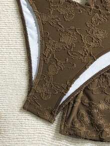 Conjunto de 3 piezas bikini bandeau con textura y adorno de estrella de mar para mujer, perfecto para el verano - Marrón - Ver 6