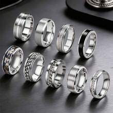 Set 9 Buah Cincin Rantai Stainless Steel Perak yang Dapat Diputar untuk Pria, Cincin Pernikahan Pria, Perhiasan Pertunangan dan Cinta Sehari-hari - Set perak sembilan buah - View 7