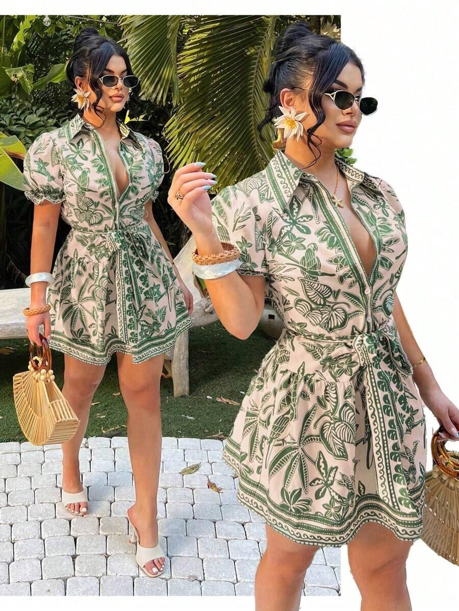 Vestido corto de tipo A de manga corta con un solo pecho y lazo delantero de estilo bohemio, vestidos cortos de verano para mujeres, atuendos de vacaciones en la isla, vestidos de verano, atuendos de vacaciones para mujeres, ropa de mujer bohemia, at - Verde - Ver 1