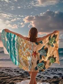 1pc Ocean Series Beach Towel, Decorated With Sea Turtle, Pearl And Shell Patterns - Extra Large Size, Super Soft Quick-Dry, Waterproof And Sand-Proof. Perfect Essential For Pool Side Relaxation, Beach Vacation, Yoga Practice And Outdoor Adventure. - Multicolor - View 4