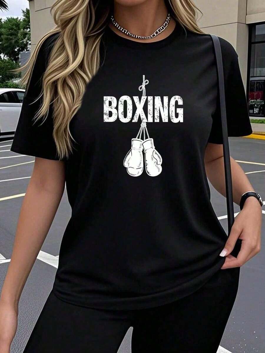 LooseCamiseta de manga corta para mujer, diseño creativo con estampado de letras divertidas, transpirable, elástica, de cuello redondo, cómoda para usar al aire libre en primavera, verano y otoño, estilo Y2K, holgada, informal, sencilla y a la moda. Camiseta de algodón para mujer, transpirable y absorbente de sudor, de manga corta para verano - Negro - Ver 1