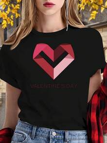 Women's Casual Short Sleeve T-Shirt, 100% Cotton, With Vintage Geometric Heart Print Symbolizing Love And Unity, With Valentine's Day Text. - 黑色 - 查看 7
