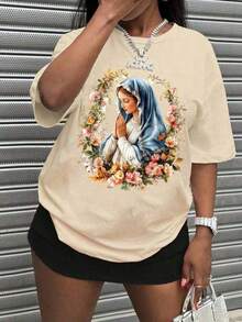 Loose-Fitting, Elegant T-Shirt With A Religious-Style Virgin Mary Crown Print. This Women's Summer Top Can Be Worn Indoors Or Outdoors, Making It Suitable For Shopping And Lounging At Home. Made Of Breathable, Sweat-Wicking Cotton, This Short-Sleeved T-Shirt Is Perfect For Summer. - 杏 - 查看 11
