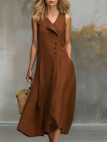 Vestido nuevo sin mangas para mujer, de moda y casual, color liso, cuello con solapas, cierre de botones, bajo ajustado, diseño favorecedor, perfecto para looks de día y de oficina - Marrón - Ver 8