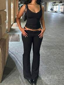 Blusa Sin Mangas Color Liso con Bordes de Encaje para Chicas - Negro - Ver 2