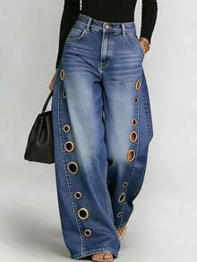 European And American New Denim Jeans With Women's Metal Eyelets Design, Casual And Loose High Waisted Wide Leg Jeans - 淺藍色 - 查看 11