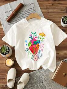 Gift: Soft Cotton T-Shirt For Plus-Size Women With Colorful Mexican Heart Print, Travel Lover Gift, Valentine's Day Outfit,  Summer Dresses, Casual, Perfect For All Seasons, S M L XL - Ideal For Summer. - 白色的 - 查看 3