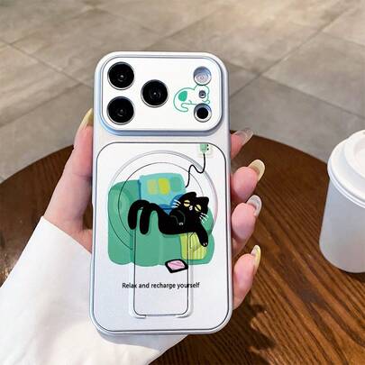 Tương thích với iPhone 17/ 17 Pro/ 17 Pro Max/ 16/ 15/ 14/ 13/ 12/ 11, ốp lưng điện thoại nguyên khối bằng kính Corning Gorilla Glass có chân đế từ tính, thiết kế họa tiết mèo lười tối giản thời trang, chống rơi, chống trượt, chống bám vân tay, ốp lưng chuyên dụng cho người thích phong cách lười biếng, thời trang và thanh lịch.
