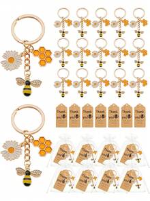 18/9/3pcs Bee & Daisy Alloy Keychain Gift Set, Includes Keychain, Thank You Card, And Drawstring Bag; Suitable As Bridal Party Favors, Wedding Reception Centerpiece Decor, Gender Reveal Party Favors, Theme Party Decorations - Multicolor - View 3