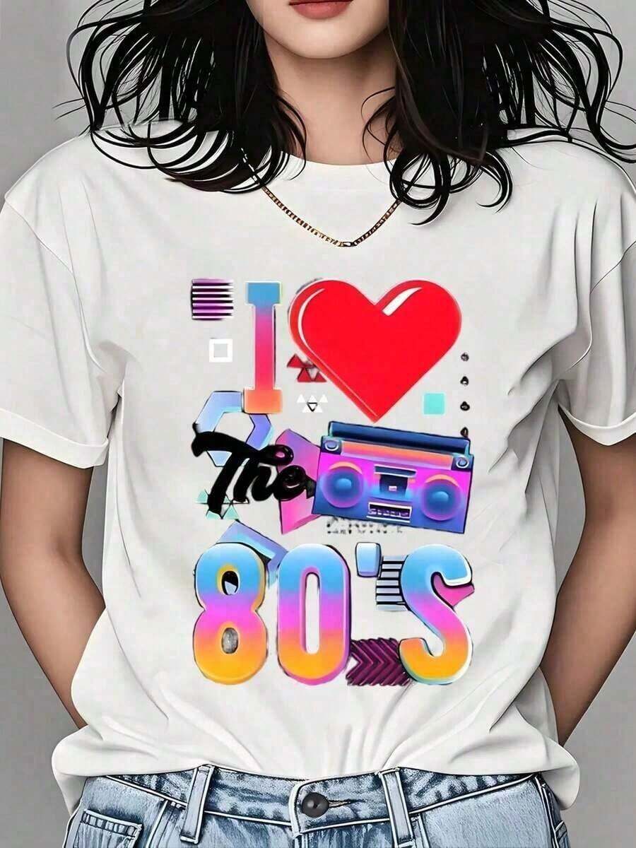 100% Cotton I Love The 80s Retro T-Shirt For Women, Vintage Style Graphic Tee With Boombox And Heart Design, Perfect For 80s Theme Parties, Halloween, Birthdays Or Everyday Wear, Soft 180g Unisex Casual Top - 白色的 - 查看 1