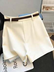 Shorts de mujer de unicolor de verano, de cintura media-alta, versátiles y de moda para el uso diario, con cinturón - Rosa - Ver 6