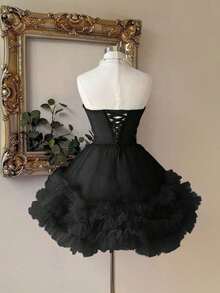 Elegante y lujoso vestido corto hecho a mano con aplicaciones bordadas, encaje de ganchillo y parches de satén, con abertura en la cintura, adecuado para citas, fiestas de solteros, galas, bailes, Día de San Valentín - Negro - Ver 3