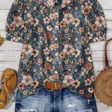 Plus Size Casual Floral All-Over Print Shirt, Suitable For Summer Chic Blouses For Women - Multicolor - Ver 1