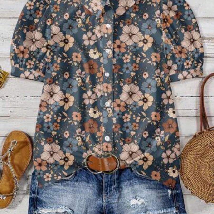 Plus Size Casual Floral All-Over Print Shirt, Suitable For Summer Chic Blouses For Women - Multicolor - Ver 1