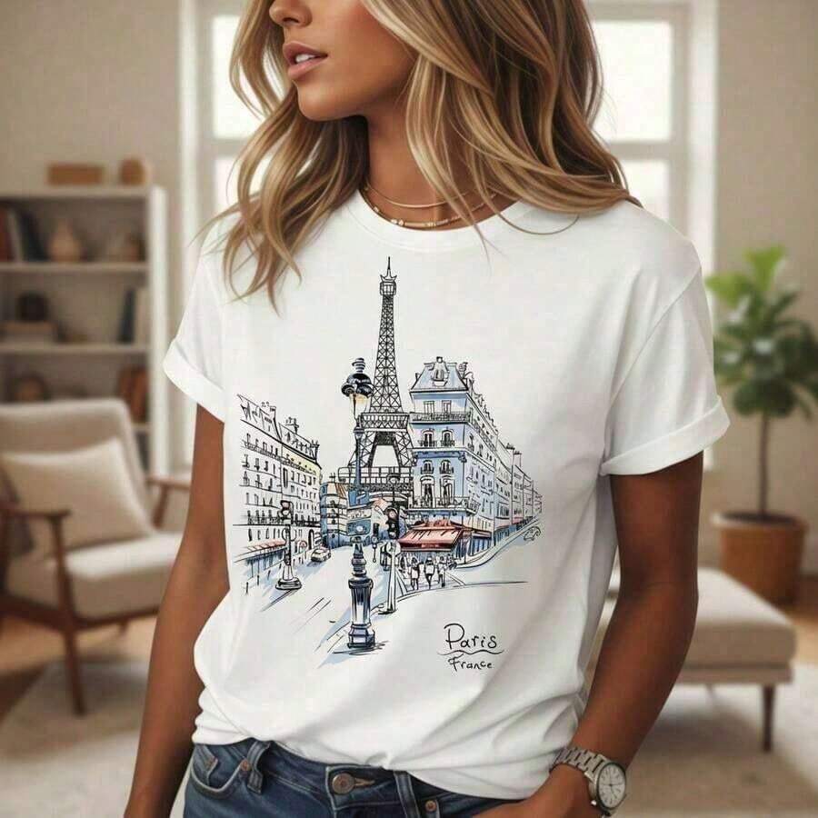 Women's Cotton T-Shirt With Paris Eiffel Tower Print, Casual Short-Sleeved Round Neck T-Shirt, Loose Fit, Basic Top, Sizes S-5XL, Summer Vacation Graphic T-Shirt, Vintage Cityscape Design In White, Soft And Breathable Cotton Blouse, Suitable For Spring, Summer And Autumn. - 白色 - 查看 1