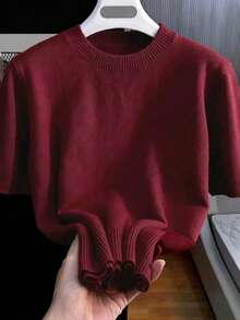 Men's Casual Versatile Solid Color Short Sleeve Knit Top, Suitable For Daily Wear And Commuting - Redwood - View 2