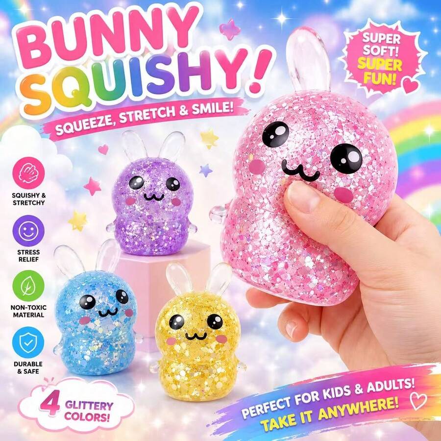 (4Pack)New Glitter Crystal Duck Shaped Squeeze And Release Toys, Slow Rebound Release Toys, Casual Holiday Gifts, High Aesthetic Dopamine Colors- Soft And Slow Back,Sticky Stress Relief Toy,Cute Stuff,Travel Portable Fidget Squeeze Toys,Squishy,Perfect For All Ages Austism,Ideal Holiday Gifts,Fun Cute Gift,Birthday Gifts,Easter Gifts,Halloween Gifts,Christmas Gifts,Christmas Stocking Fillers,Party Bag Fillers( Random Color) - 4Pack Glitter Rabbit - 查看 1