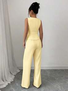 Conjunto de chaleco sin mangas y pantalones elegante para mujer, estilos para negocios/trabajo, para el verano - Amarillo claro - Ver 2