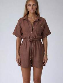 Women's Short Sleeve Romper With A Collared Neckline, Button-Front Closure, Chest Pocket, And Adjustable Drawstring Waist. Designed In A Lightweight Woven Fabric For A Comfortable And Versatile Everyday Look. - Mocha Brown - View 2