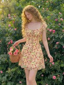 Vestido sin mangas con cuello redondo, fruncido en el pecho y estampado floral vintage para mujer, ideal para el verano - Amarillo claro - Ver 7
