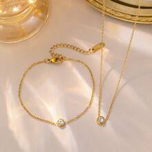 2pcs Korean Style Minimalist Single Diamond Necklace And Bracelet Set, Fashionable Versatile Elegant Jewelry - Solitaire Jewelry Set - View 2